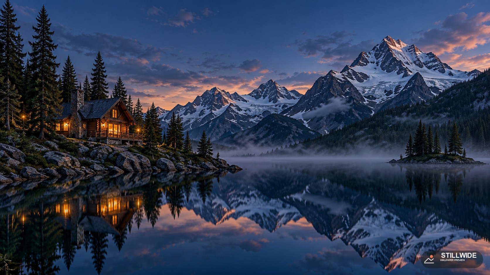Snowy mountains reflected in an alpine lake