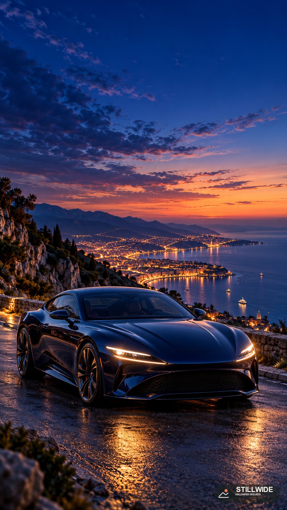 An unbranded coupe at blue hour