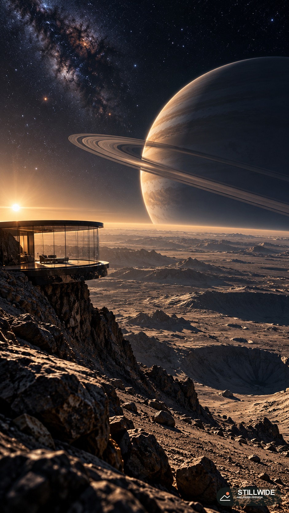 A ringed planet seen from a lunar overlook